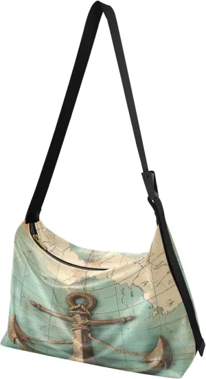 Vintage Nautical Teal Hobo Shoulder Bag for Women Men PU Leather Crossbody Bag Slouchy Tote Handbags for Shopping Working Traveling