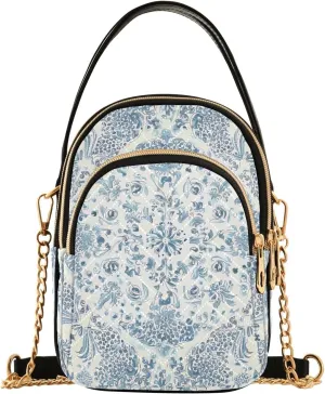 Vintage Ornate Bluewhite Small Handbag Crossbody Bag for Women Quilted Bags Shoulder Purse Phone Wallet Chain Bag
