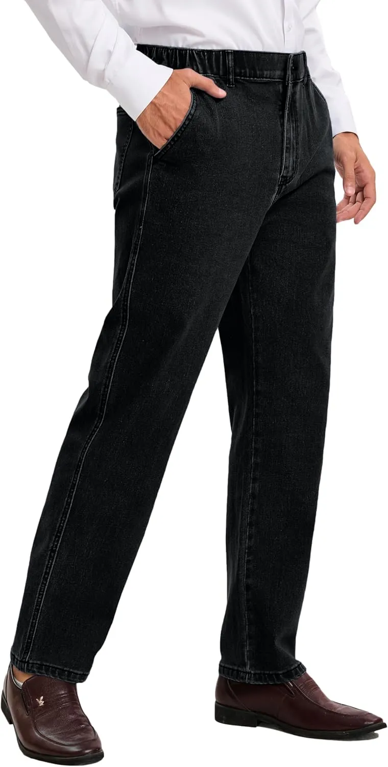 voeeron Mens Elastic Waist Jeans Relaxed Fit Men's Jeans with Elastic Waist with Zipper and Button