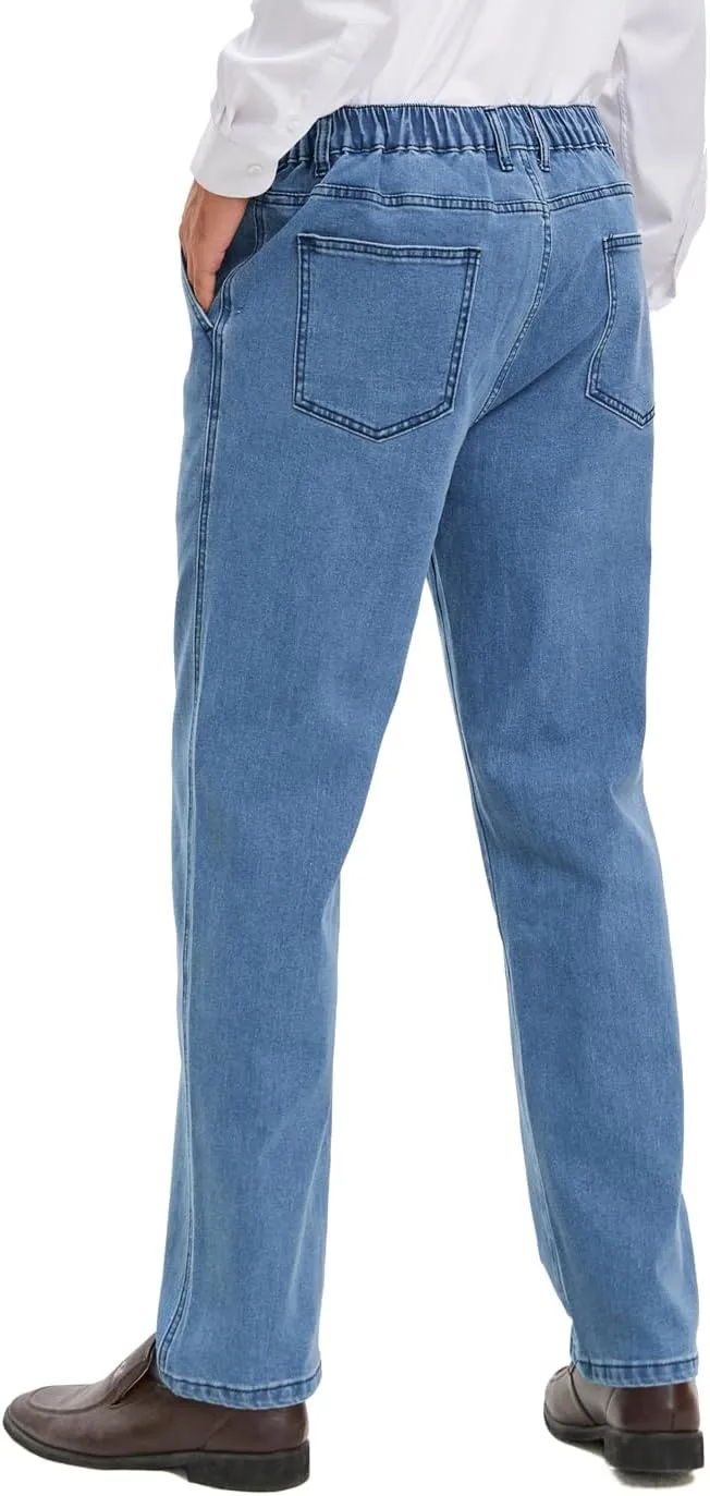 voeeron Mens Elastic Waist Jeans Relaxed Fit Men's Jeans with Elastic Waist with Zipper and Button