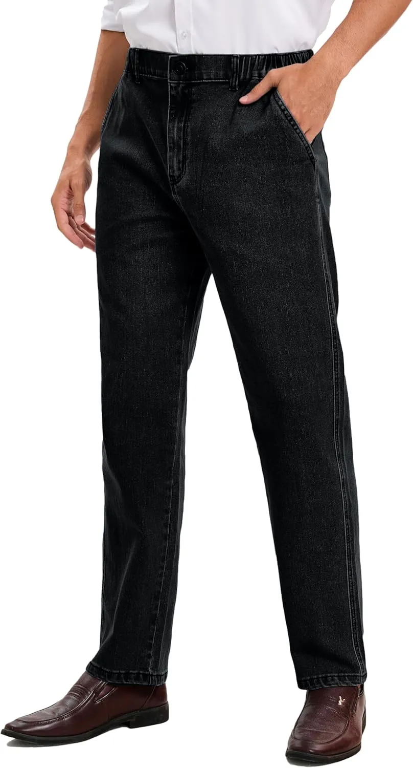 voeeron Mens Elastic Waist Jeans Relaxed Fit Men's Jeans with Elastic Waist with Zipper and Button