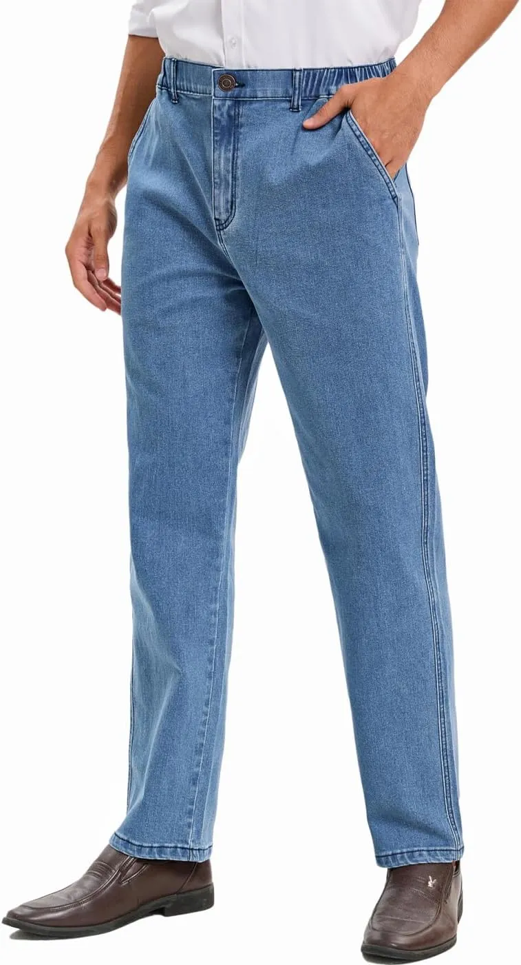 voeeron Mens Elastic Waist Jeans Relaxed Fit Men's Jeans with Elastic Waist with Zipper and Button