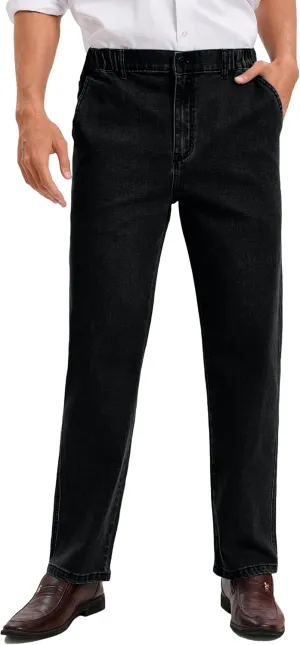 voeeron Mens Elastic Waist Jeans Relaxed Fit Men's Jeans with Elastic Waist with Zipper and Button
