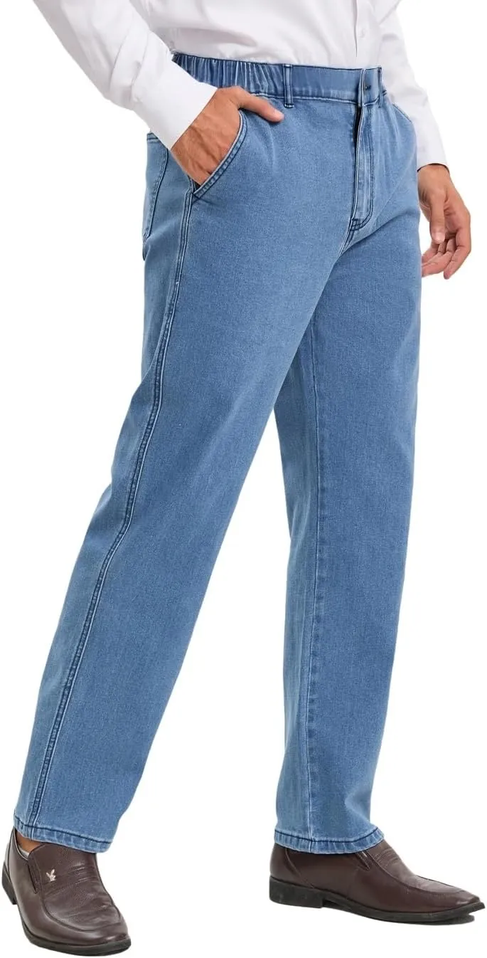 voeeron Mens Elastic Waist Jeans Relaxed Fit Men's Jeans with Elastic Waist with Zipper and Button