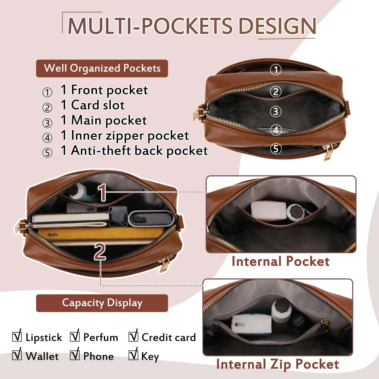 VX VONXURY Small Crossbody Bags for Women, Vegan Soft Pu Leather Triple Zipper Purse Handbags