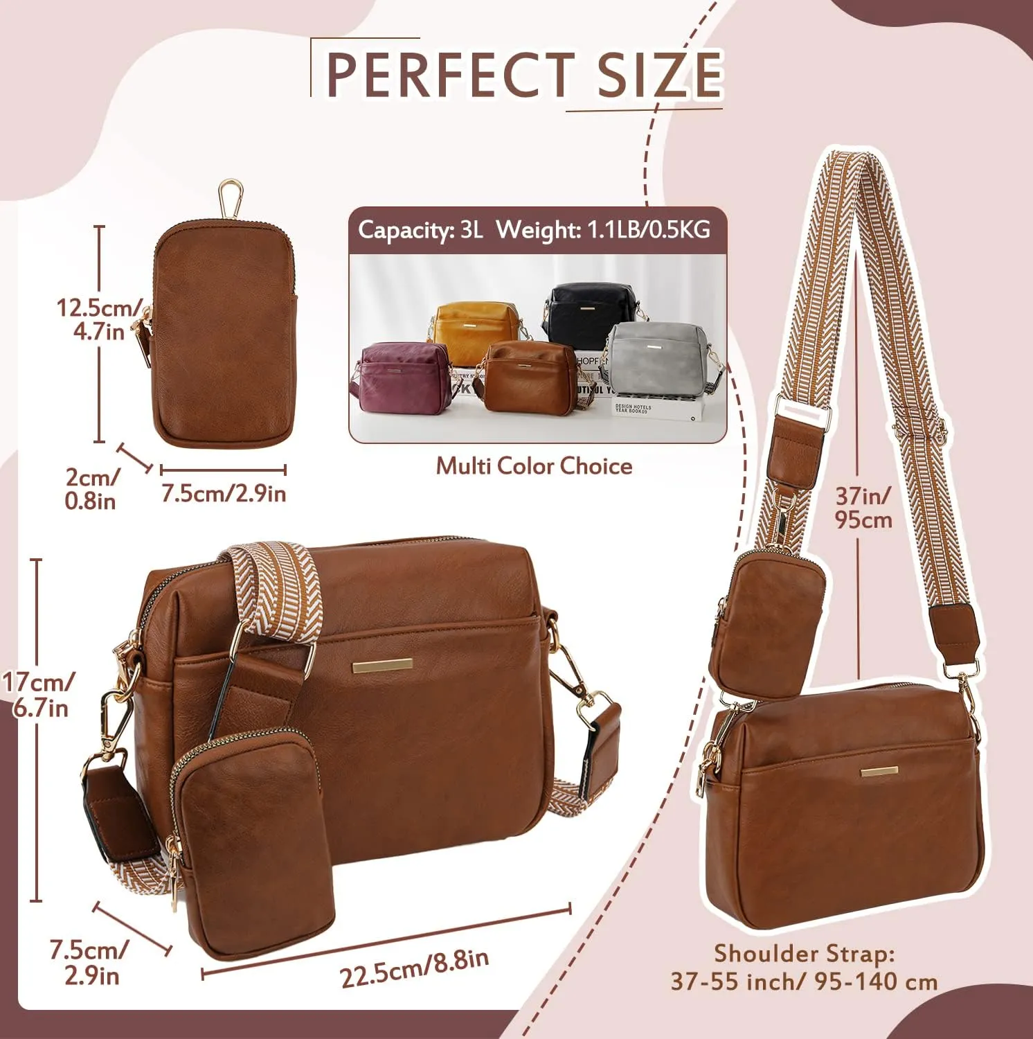 VX VONXURY Small Crossbody Bags for Women, Vegan Soft Pu Leather Triple Zipper Purse Handbags