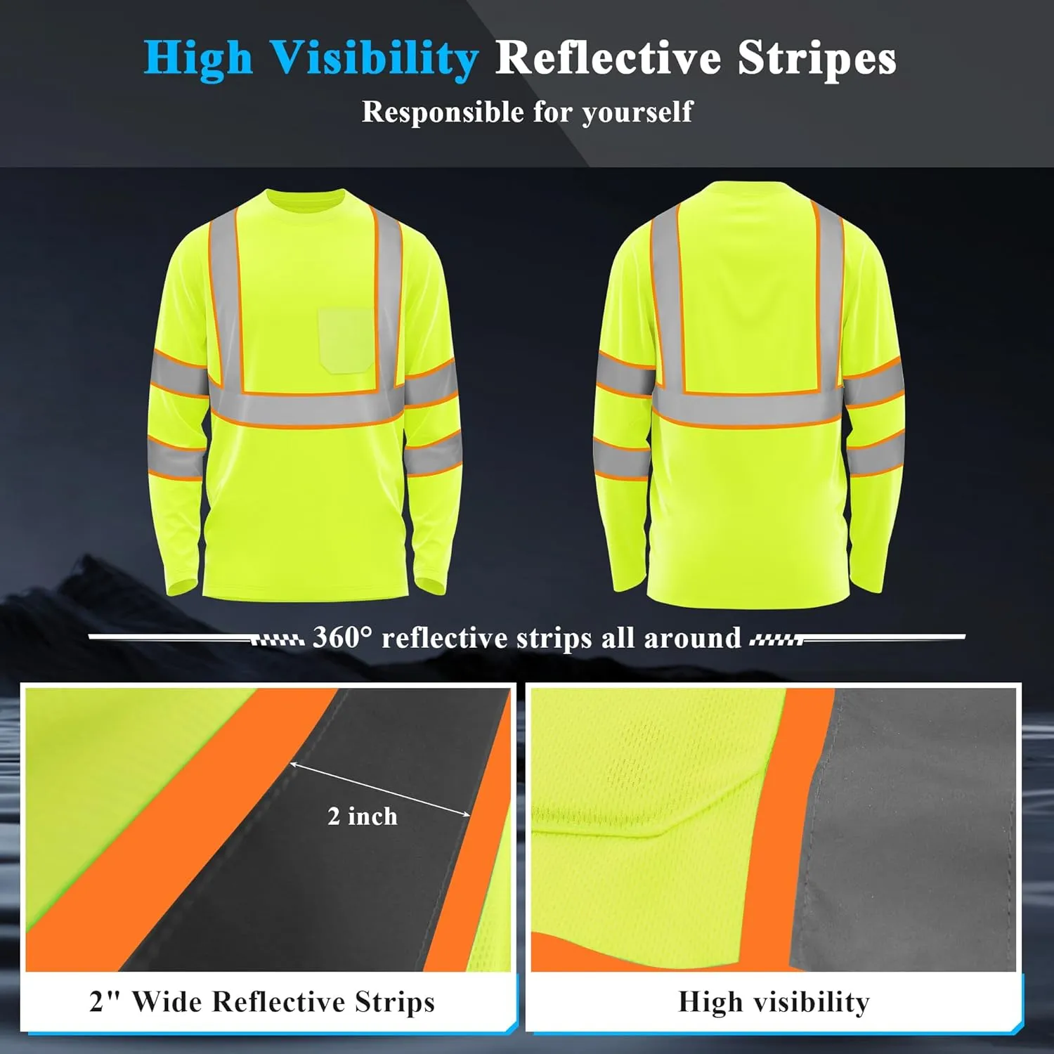 W&H Hi Vis Safety Long Sleeve Shirts Reflective High Visibility Birdeyes Class 3 Shirts,Construction Work