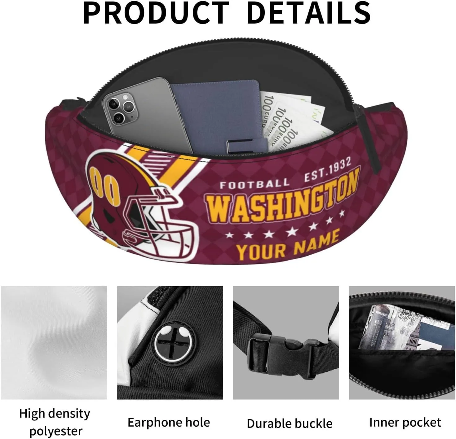 Washington Waist Bag Adjustable Football Belt Bag Personalized Custom Fanny Pack Sports Hiking Running Belt Waist Pack for Women Men Fans Gifts