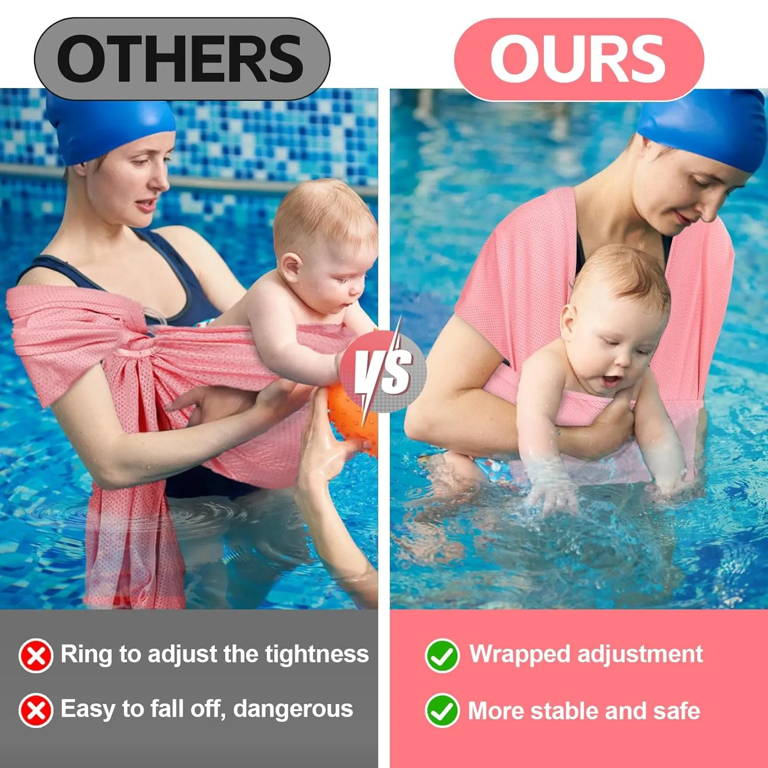 Water Sling Baby Wrap Carrier for Summer Pool - Adjustable Shoulder Mesh Breathable Chest Sling Infant Carrier for Newborn to Toddlers Summer Pool Beach (Pink)