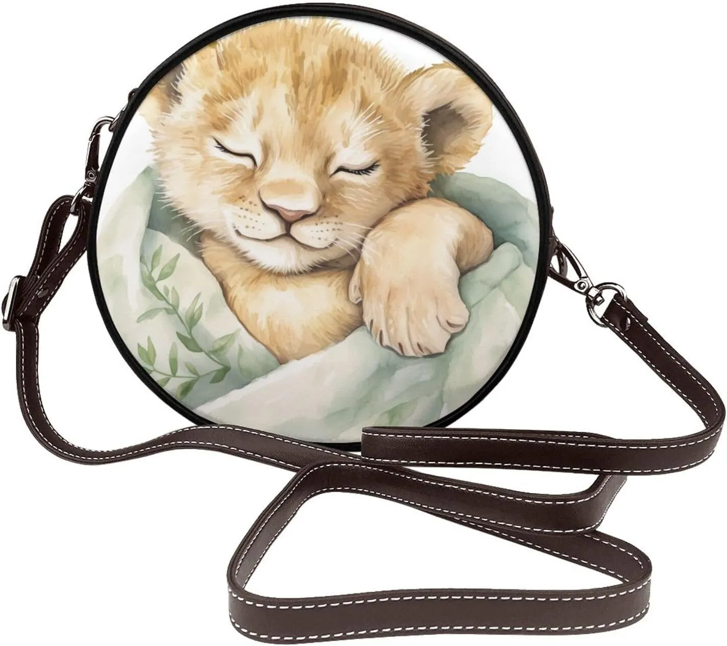 Watercolor Baby Lion Sleeping Women Round Crossbody Bags Leather Sling Bag Purse