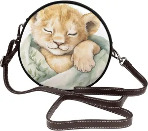 Watercolor Baby Lion Sleeping Women Round Crossbody Bags Leather Sling Bag Purse
