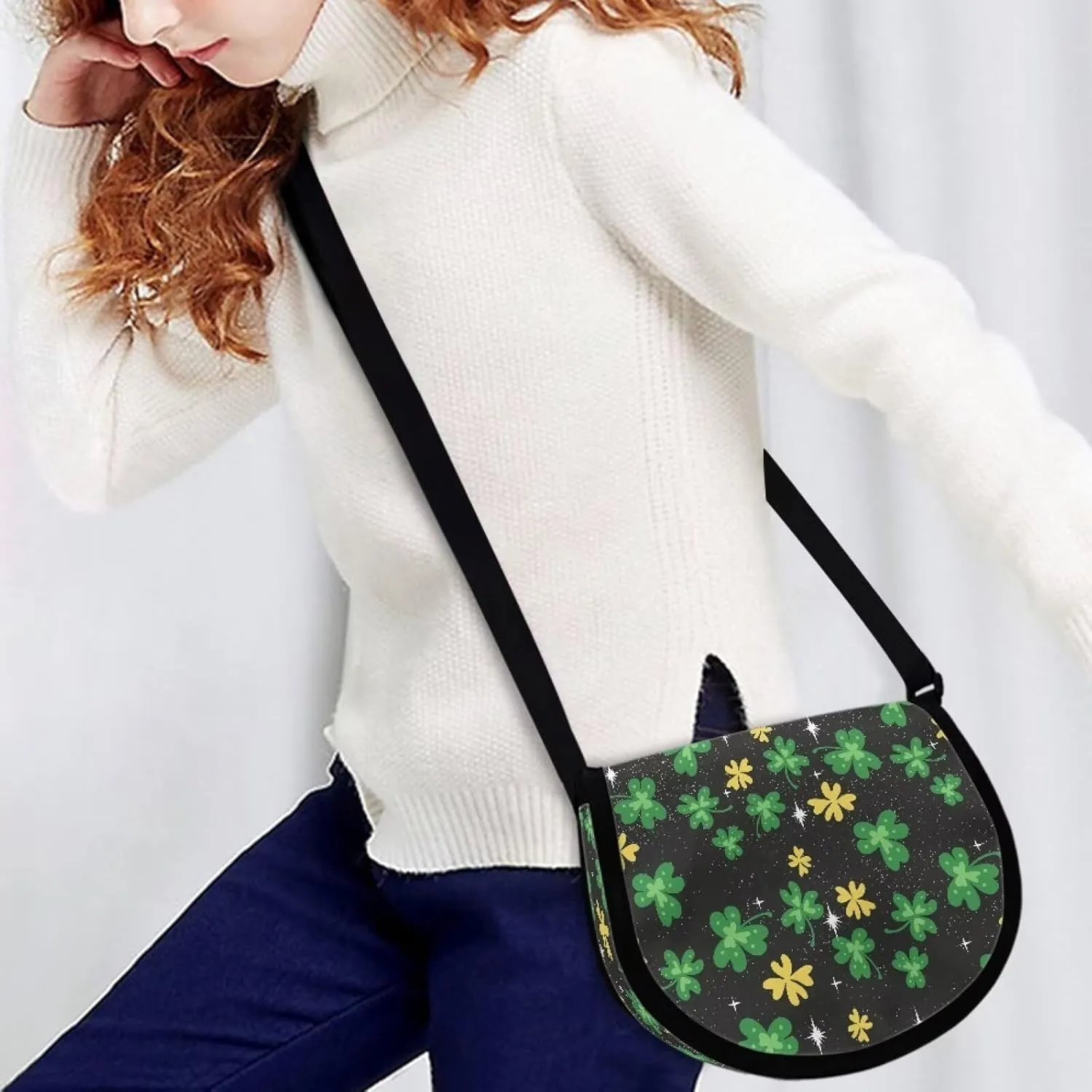 Watercolor Butterfly Women Cross Body Bag, Cartoon Clover Casual Shoulder Bag, Heart Curtain Satchel Messenger Bags