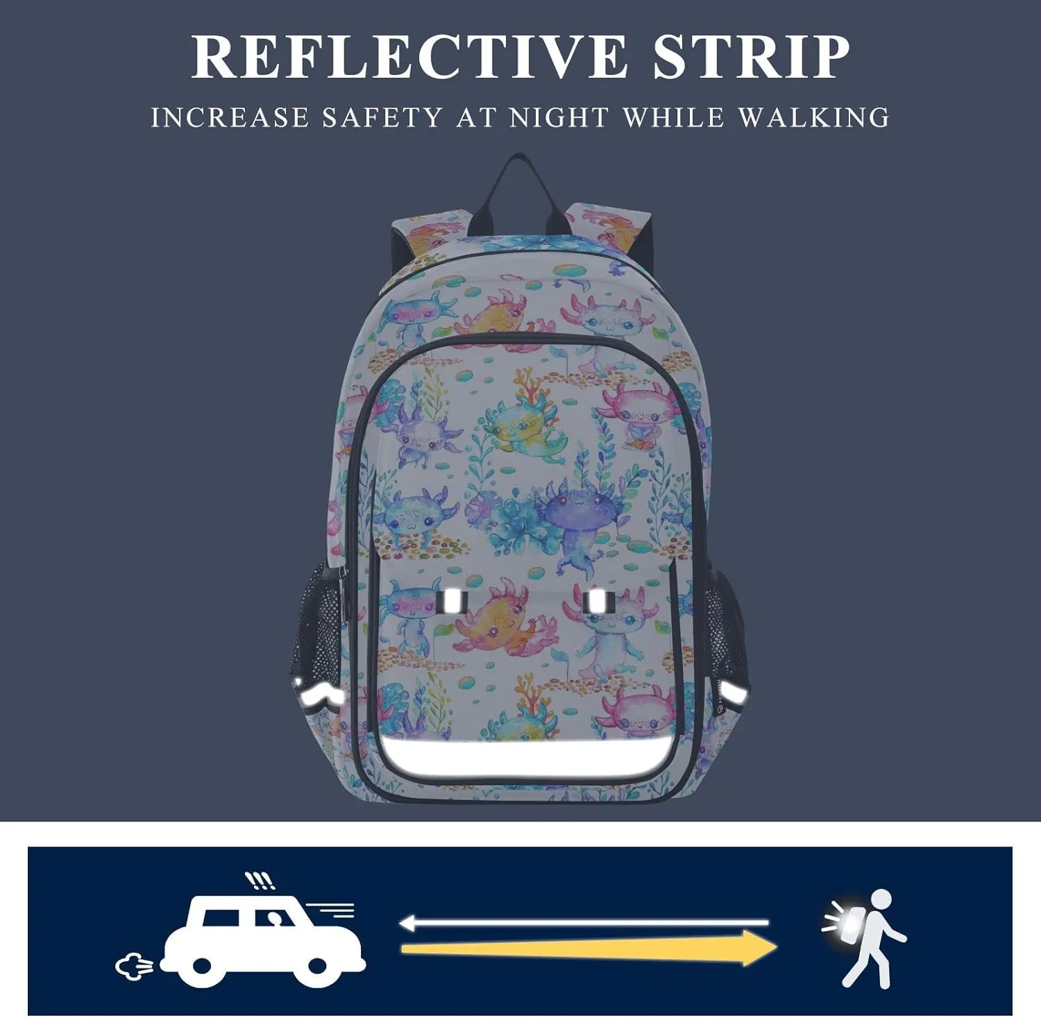 Watercolor Cute Axolotl Backpack Lightweight Laptop Backpack School Bag Student Travel Daypack with Reflective Stripes