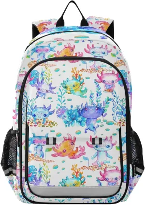 Watercolor Cute Axolotl Backpack Lightweight Laptop Backpack School Bag Student Travel Daypack with Reflective Stripes