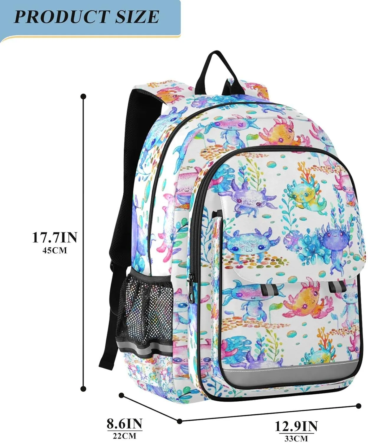 Watercolor Cute Axolotl Backpack Lightweight Laptop Backpack School Bag Student Travel Daypack with Reflective Stripes