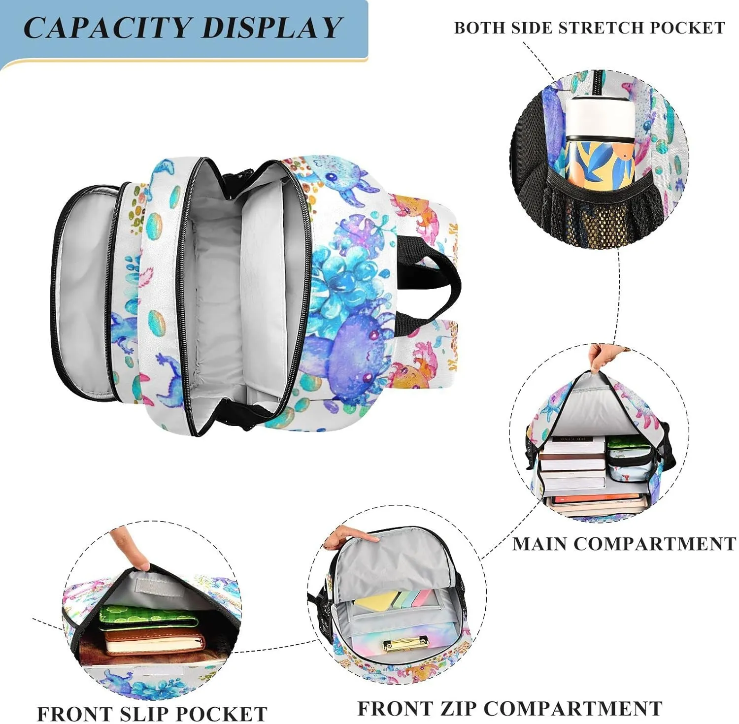 Watercolor Cute Axolotl Backpack Lightweight Laptop Backpack School Bag Student Travel Daypack with Reflective Stripes