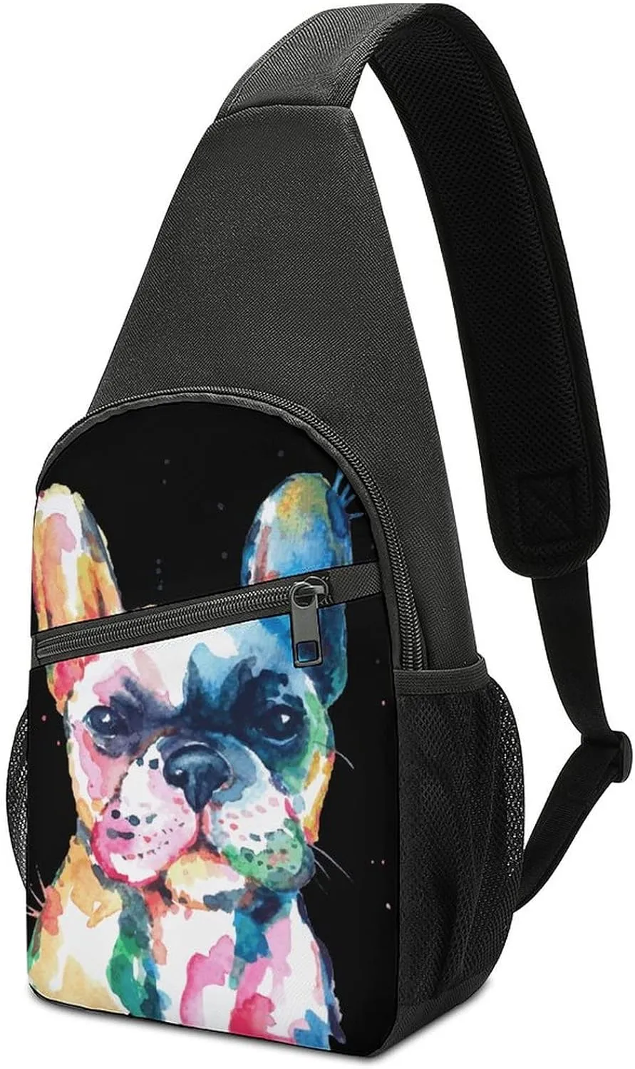 Watercolor French Bulldog Small Sling Bag Cute Crossbody Backpack Print Chest Daypack for Men Women