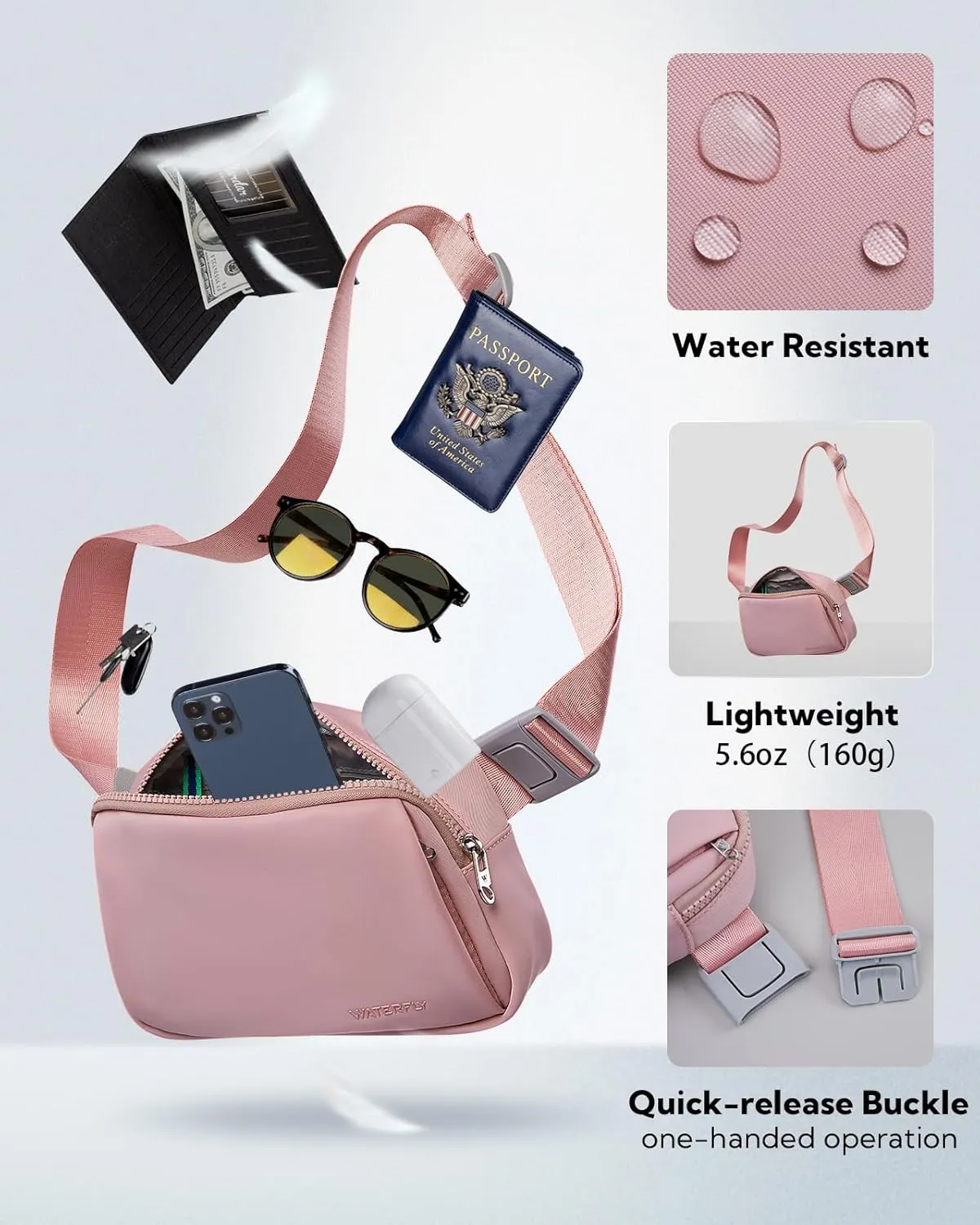 WATERFLY Crossbody Belt Fanny Pack: Sports Walking Waist Bag Runner Belt Bum Bag Hip Fannie Pack Phanny Fannypack Woman Man for Hiking Jogging Running