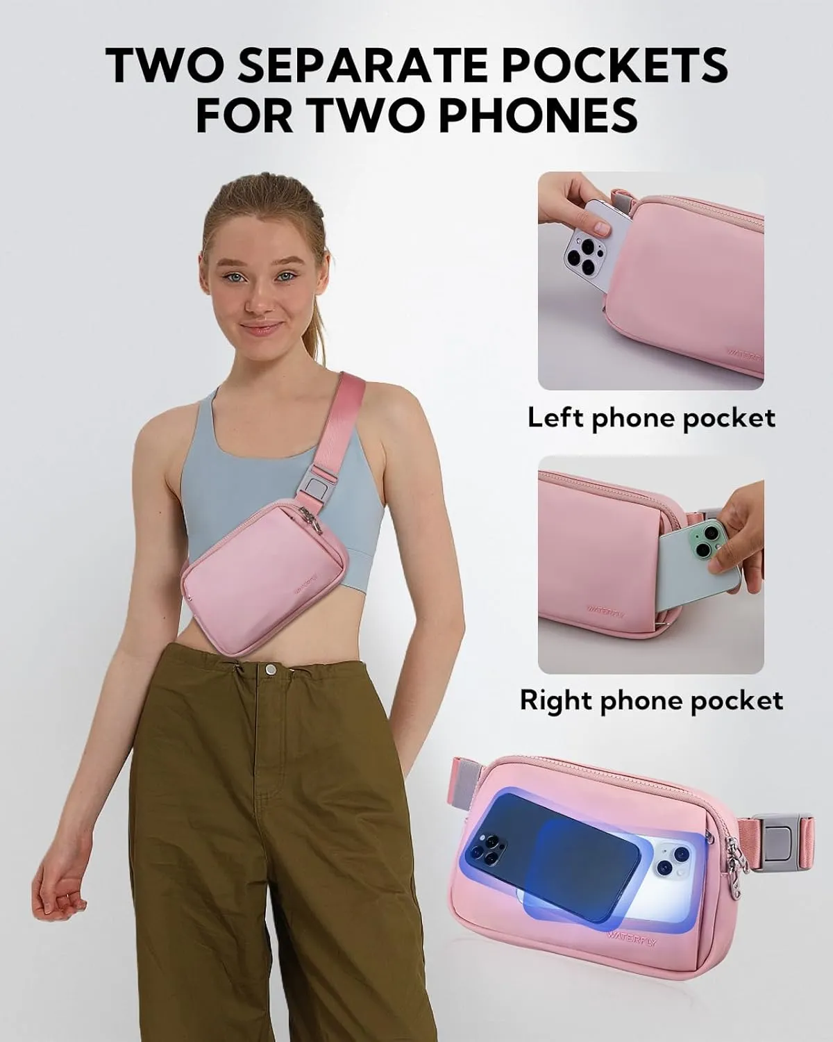 WATERFLY Crossbody Belt Fanny Pack: Sports Walking Waist Bag Runner Belt Bum Bag Hip Fannie Pack Phanny Fannypack Woman Man for Hiking Jogging Running