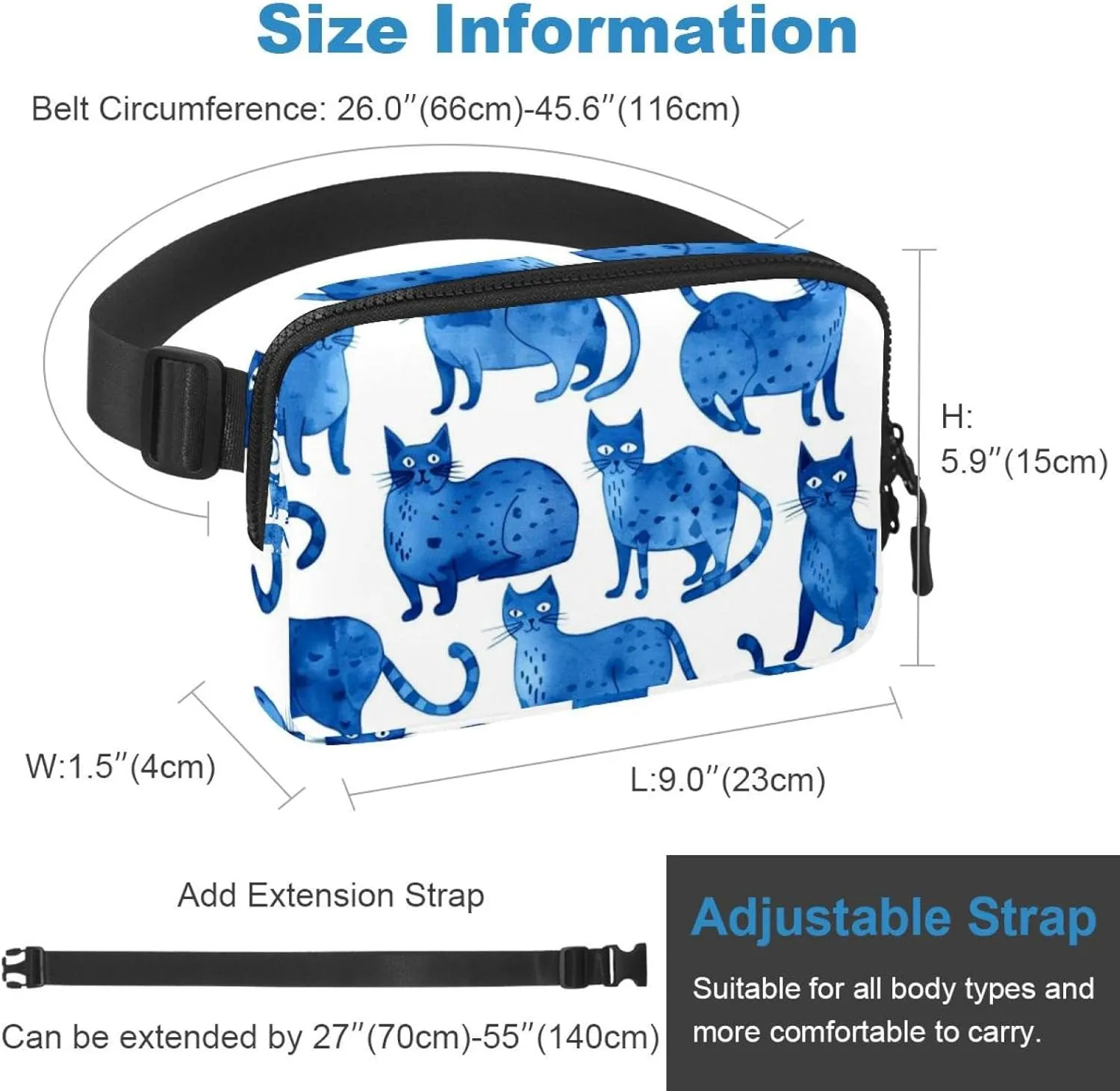 Waterproof Fanny Pack Black Belt Bag with Adjustable Strap for Women and Men,Blue Cats Crossbody Fanny Bag with Zipper for Hiking Running Travel