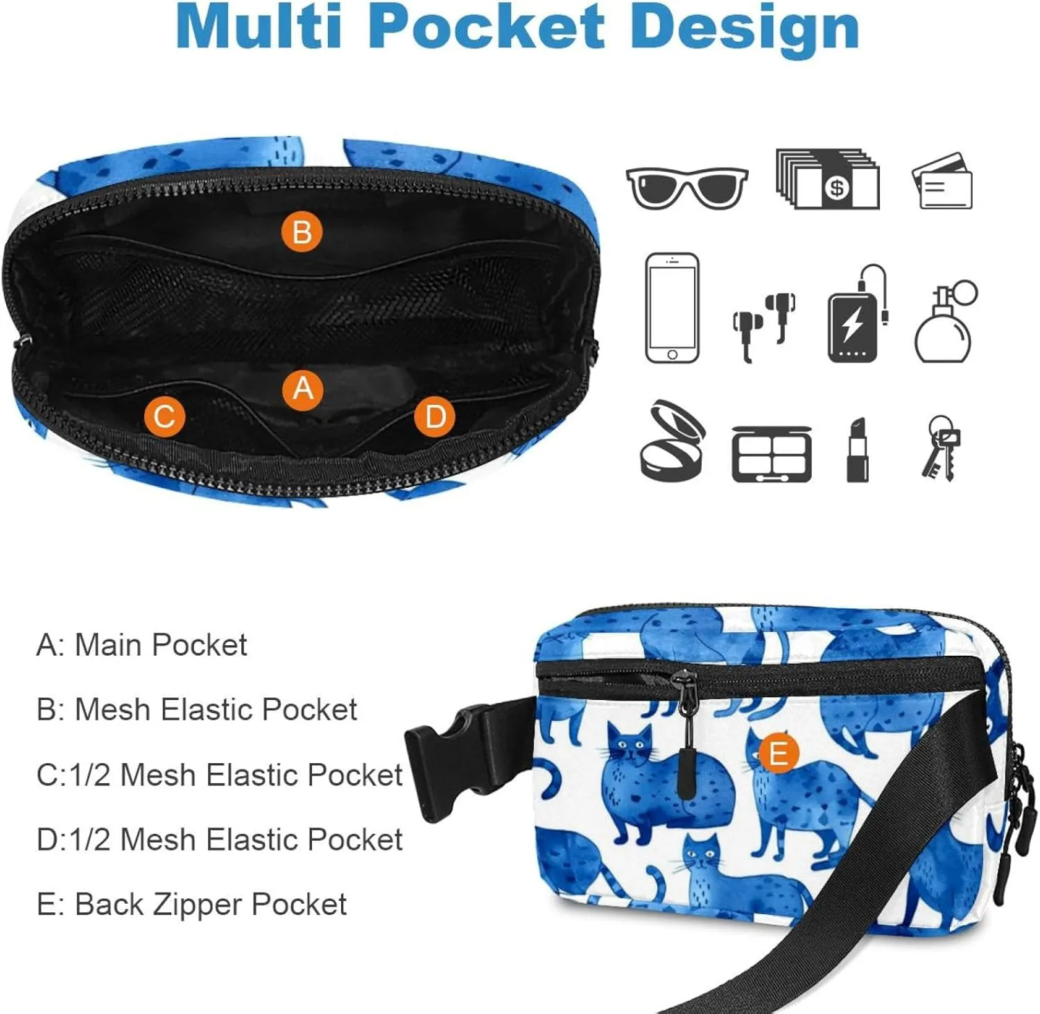 Waterproof Fanny Pack Black Belt Bag with Adjustable Strap for Women and Men,Blue Cats Crossbody Fanny Bag with Zipper for Hiking Running Travel