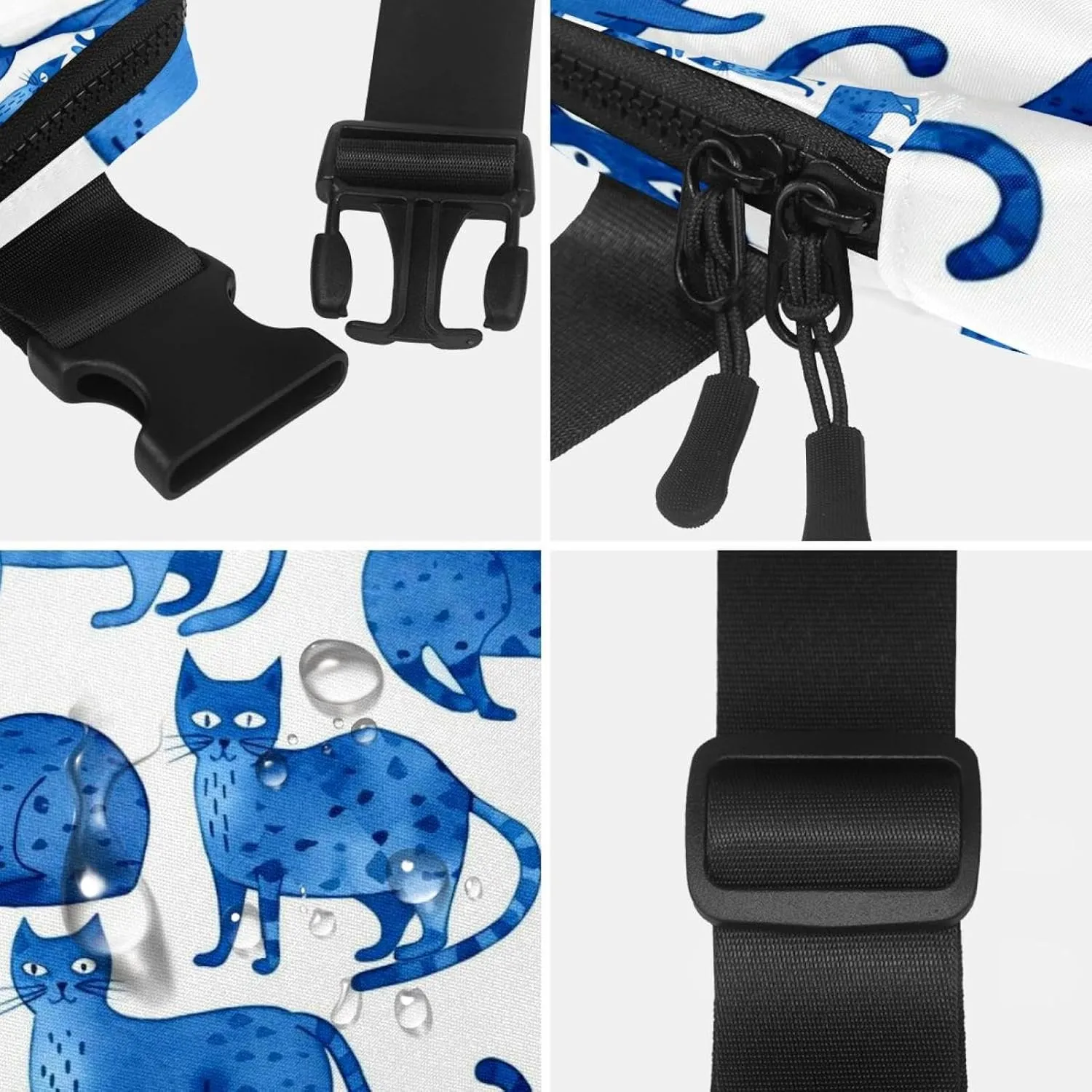 Waterproof Fanny Pack Black Belt Bag with Adjustable Strap for Women and Men,Blue Cats Crossbody Fanny Bag with Zipper for Hiking Running Travel