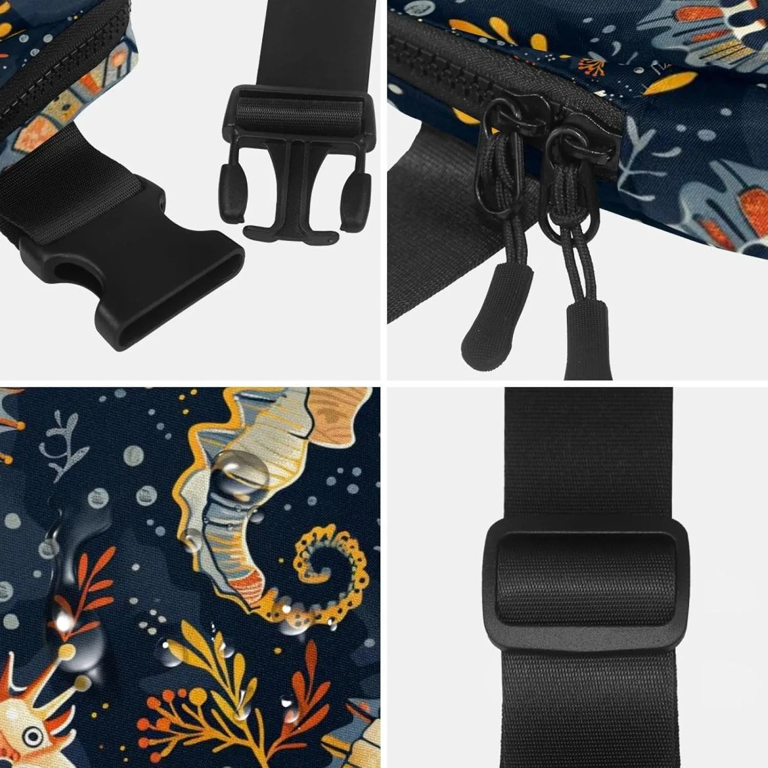 Waterproof Fanny Pack Black Belt Bag with Adjustable Strap for Women and Men,Seahorse Pattern Crossbody Fanny Bag with Zipper for Hiking Running Travel
