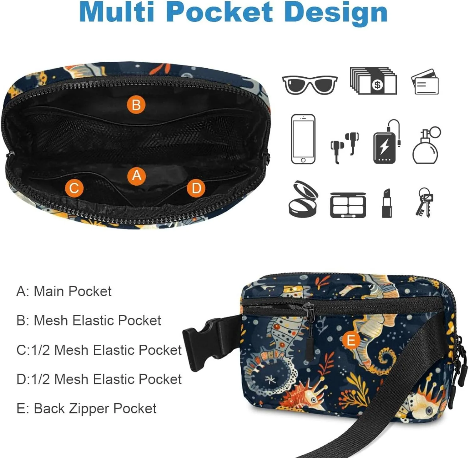 Waterproof Fanny Pack Black Belt Bag with Adjustable Strap for Women and Men,Seahorse Pattern Crossbody Fanny Bag with Zipper for Hiking Running Travel