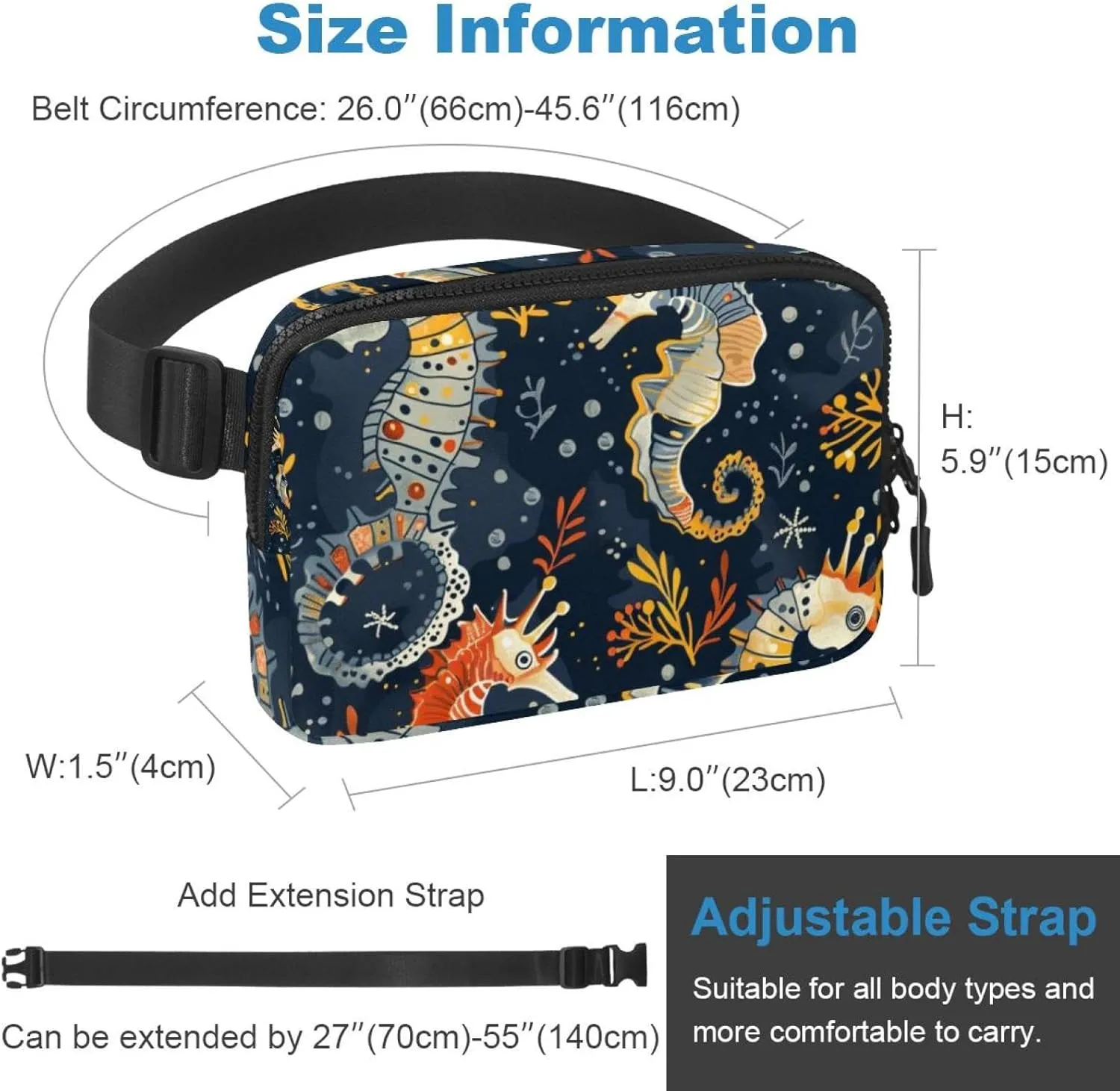 Waterproof Fanny Pack Black Belt Bag with Adjustable Strap for Women and Men,Seahorse Pattern Crossbody Fanny Bag with Zipper for Hiking Running Travel
