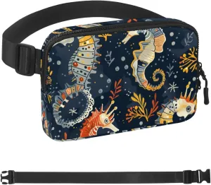 Waterproof Fanny Pack Black Belt Bag with Adjustable Strap for Women and Men,Seahorse Pattern Crossbody Fanny Bag with Zipper for Hiking Running Travel
