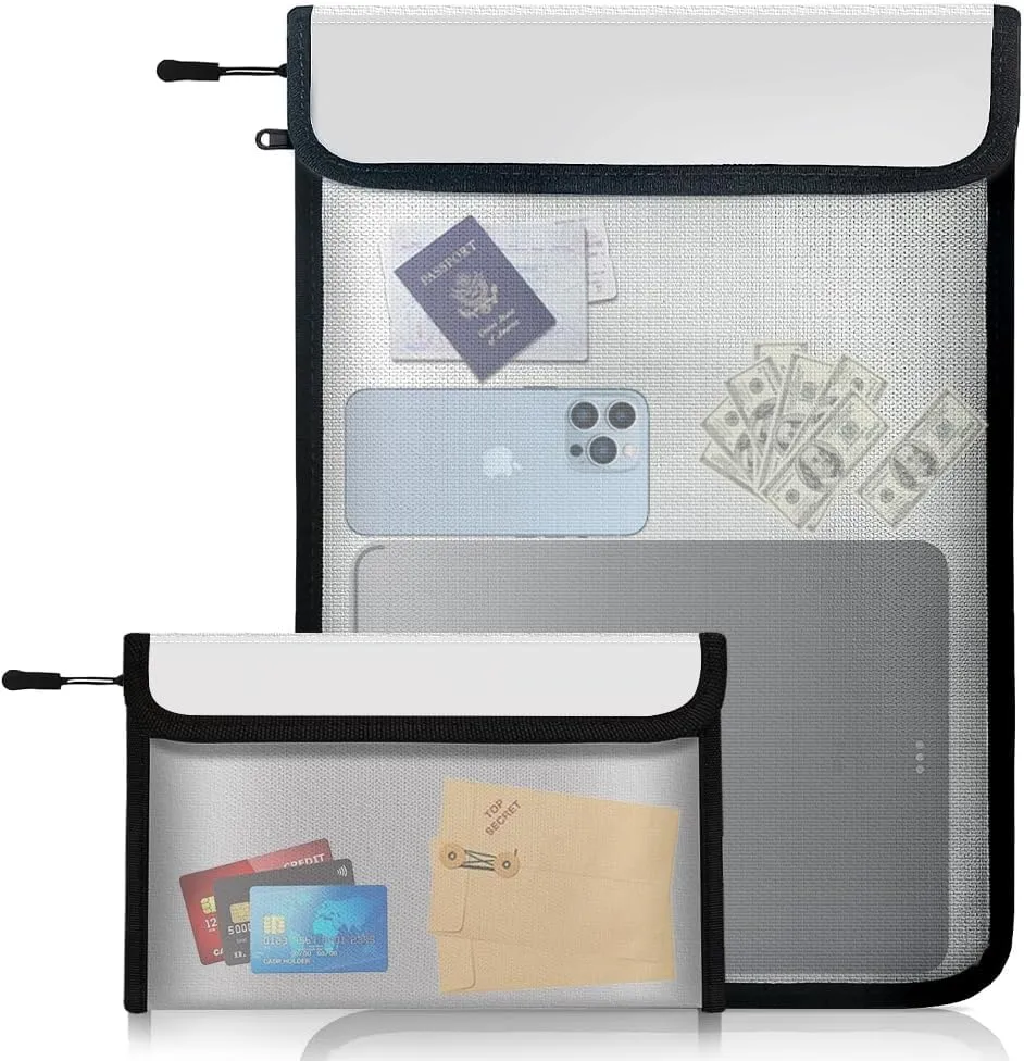 Waterproof Fireproof Document Bag, 2 Pack 15" x 11" and 8" x 5" Fire Proof Bag for Documents, Fire Proof Money Bag for Cash with Zipper/Reflective Strip, Fire Safe Bag for Jewelry, Legal Documents
