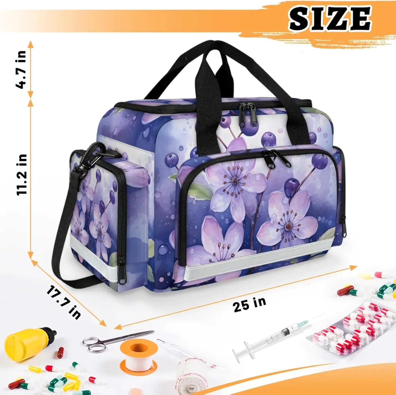 Waterproof Tactical Duffle Bag 25" Carry On Bag for EMT Tear-Resistant Gym Bag with Multi-Pocket & OSHA Reflective Travel Bags for Men Women Blueberry Flowers