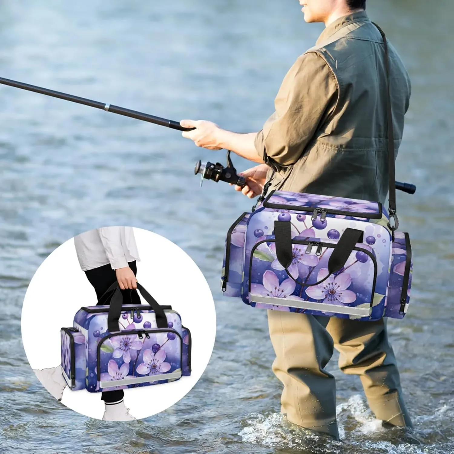 Waterproof Tactical Duffle Bag 25" Carry On Bag for EMT Tear-Resistant Gym Bag with Multi-Pocket & OSHA Reflective Travel Bags for Men Women Blueberry Flowers