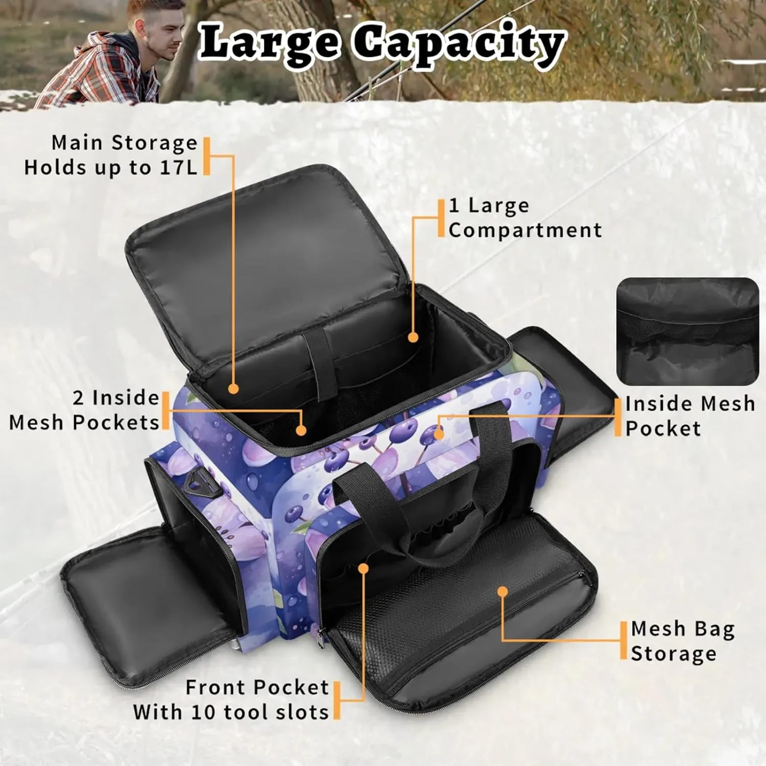 Waterproof Tactical Duffle Bag 25" Carry On Bag for EMT Tear-Resistant Gym Bag with Multi-Pocket & OSHA Reflective Travel Bags for Men Women Blueberry Flowers