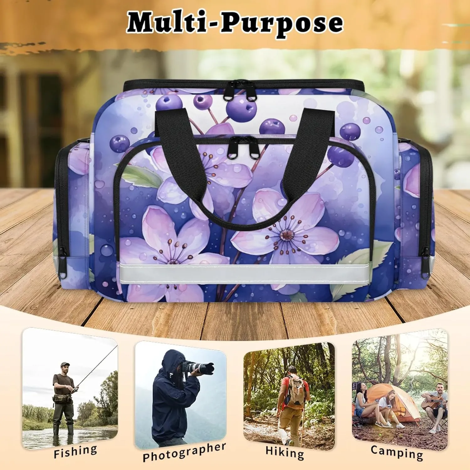 Waterproof Tactical Duffle Bag 25" Carry On Bag for EMT Tear-Resistant Gym Bag with Multi-Pocket & OSHA Reflective Travel Bags for Men Women Blueberry Flowers