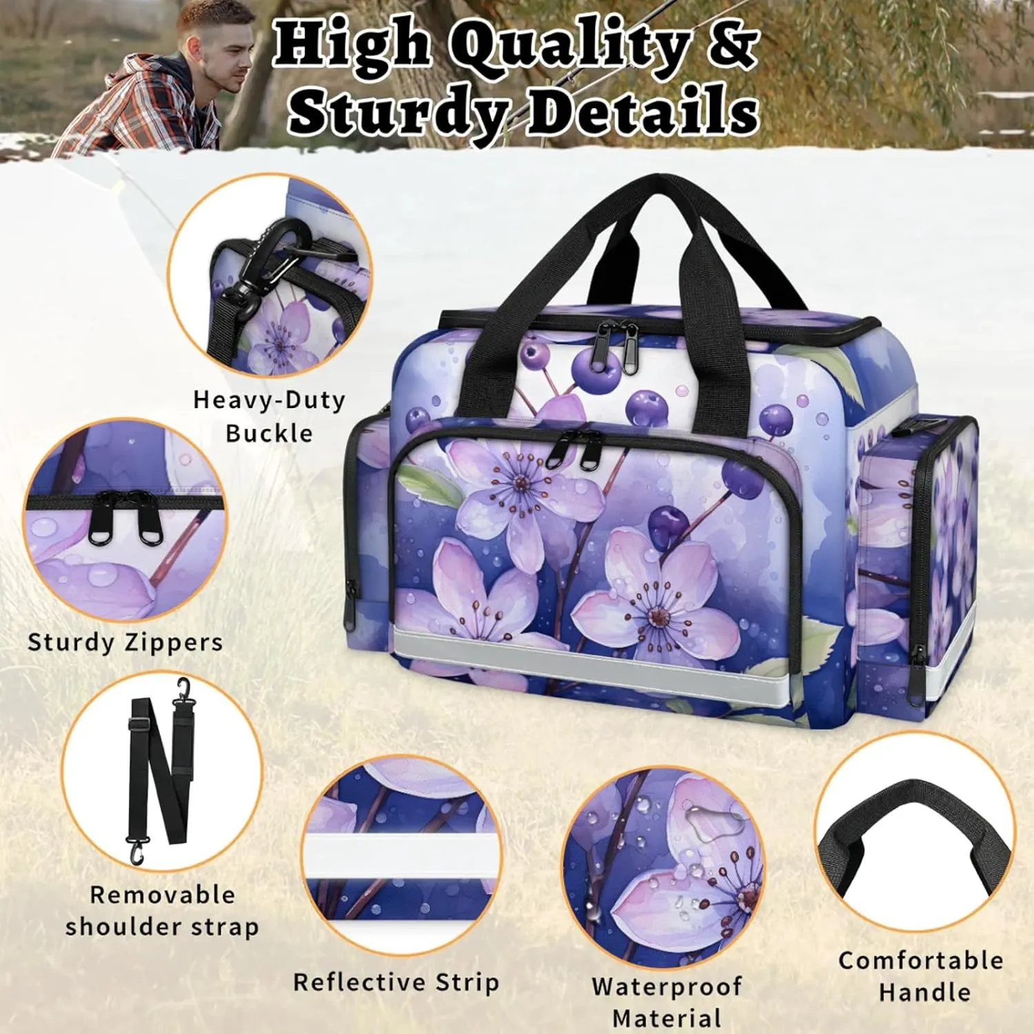 Waterproof Tactical Duffle Bag 25" Carry On Bag for EMT Tear-Resistant Gym Bag with Multi-Pocket & OSHA Reflective Travel Bags for Men Women Blueberry Flowers