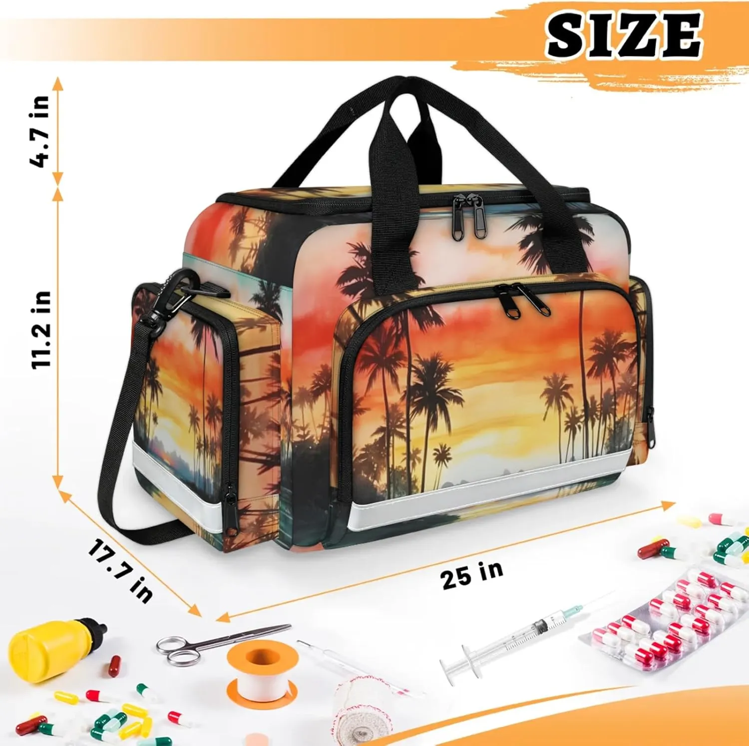 Waterproof Tactical Duffle Bag 25" Carry On Bag for EMT Tear-Resistant Gym Bag with Multi-Pocket & OSHA Reflective Travel Bags for Men Women Palm Tree