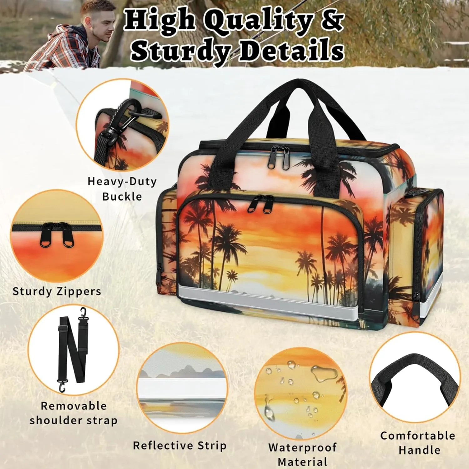 Waterproof Tactical Duffle Bag 25" Carry On Bag for EMT Tear-Resistant Gym Bag with Multi-Pocket & OSHA Reflective Travel Bags for Men Women Palm Tree