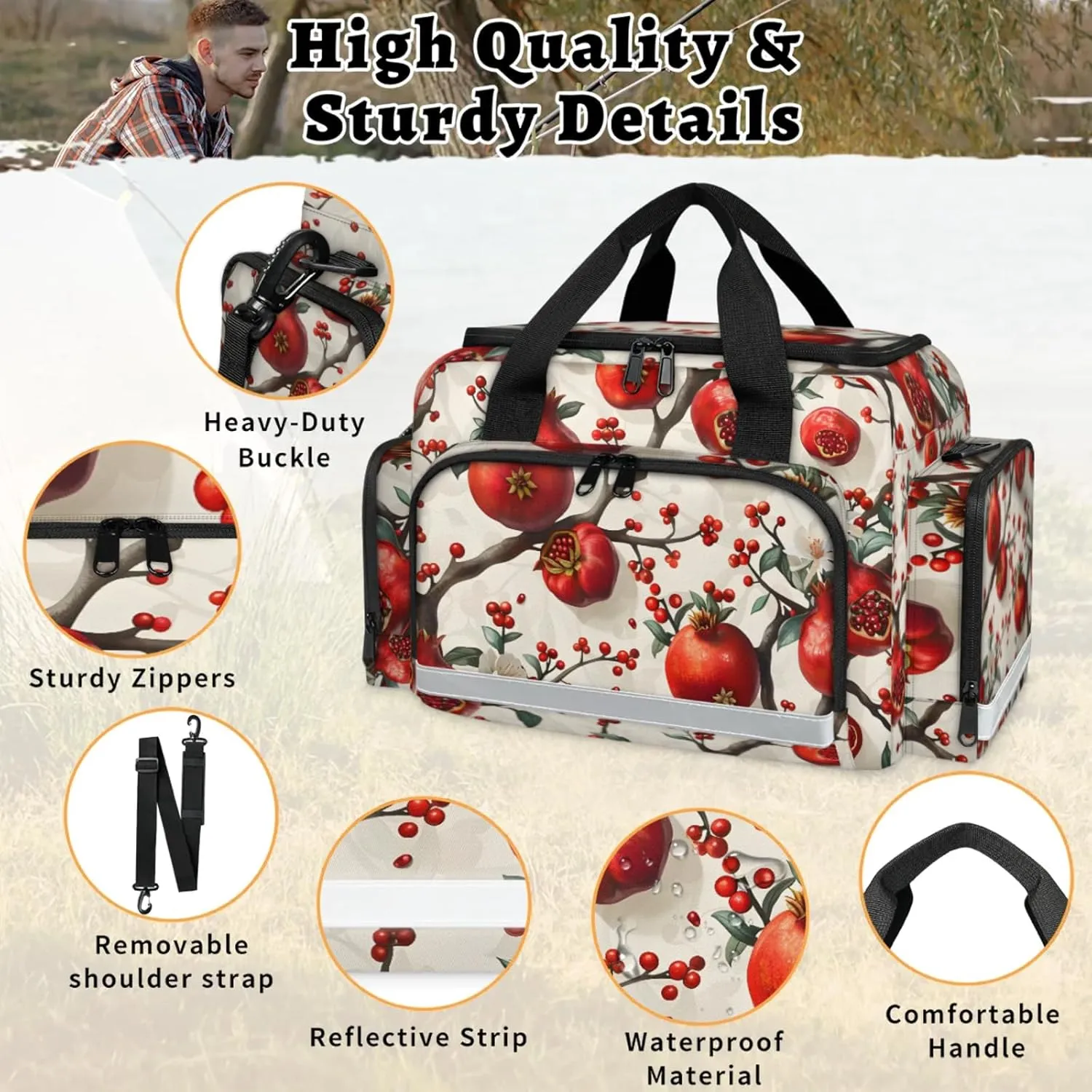 Waterproof Tactical Duffle Bag 25" Carry On Bag for EMT Tear-Resistant Gym Bag with Multi-Pocket & OSHA Reflective Travel Bags for Men Women Pomegranate Tree