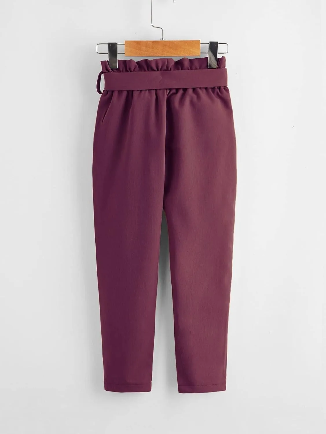 WDIRARA Girl's Paper Bag Waist Belted Pants Elastic Waist Pants with Pockets