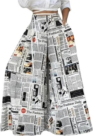 WDIRARA Women's Newspaper Print Palazzo Pants Elastic Waist Loose Funky Letter Print Wide Leg Pants