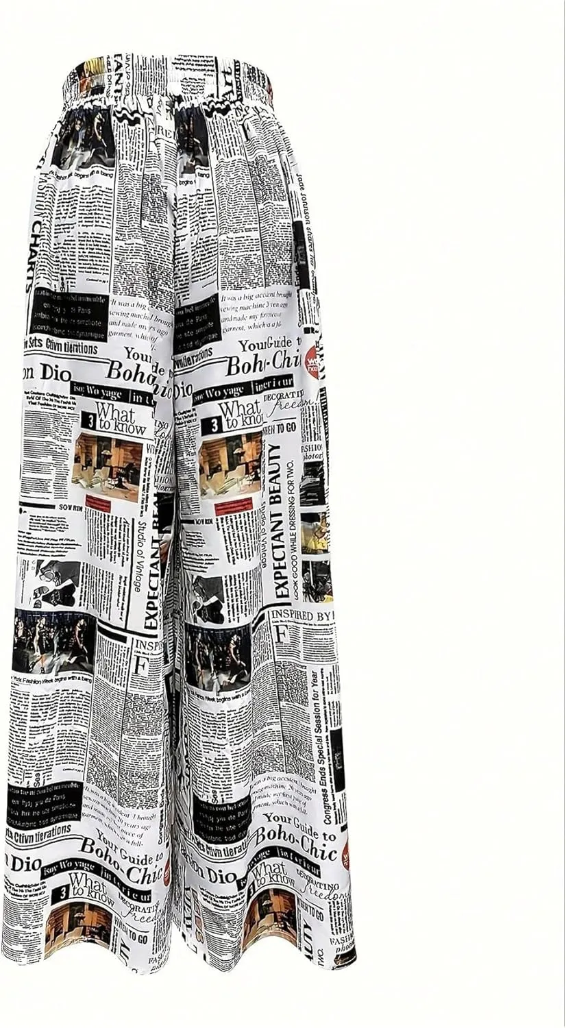 WDIRARA Women's Newspaper Print Palazzo Pants Elastic Waist Loose Funky Letter Print Wide Leg Pants
