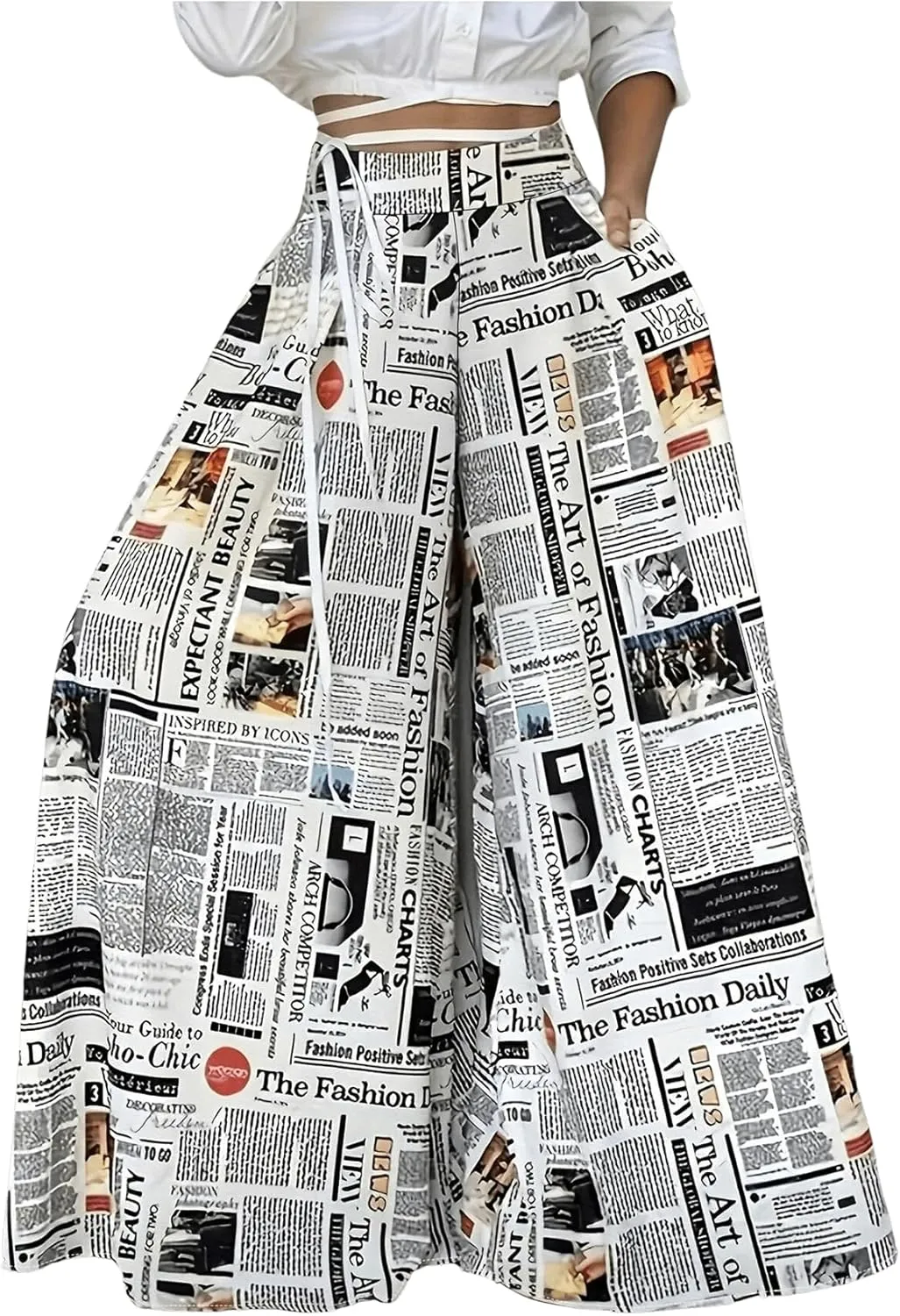 WDIRARA Women's Newspaper Print Palazzo Pants Elastic Waist Loose Funky Letter Print Wide Leg Pants