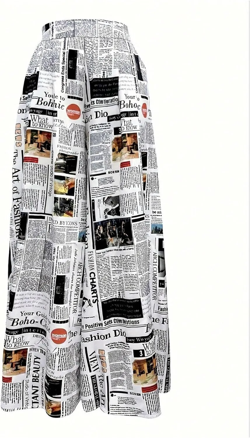 WDIRARA Women's Newspaper Print Palazzo Pants Elastic Waist Loose Funky Letter Print Wide Leg Pants