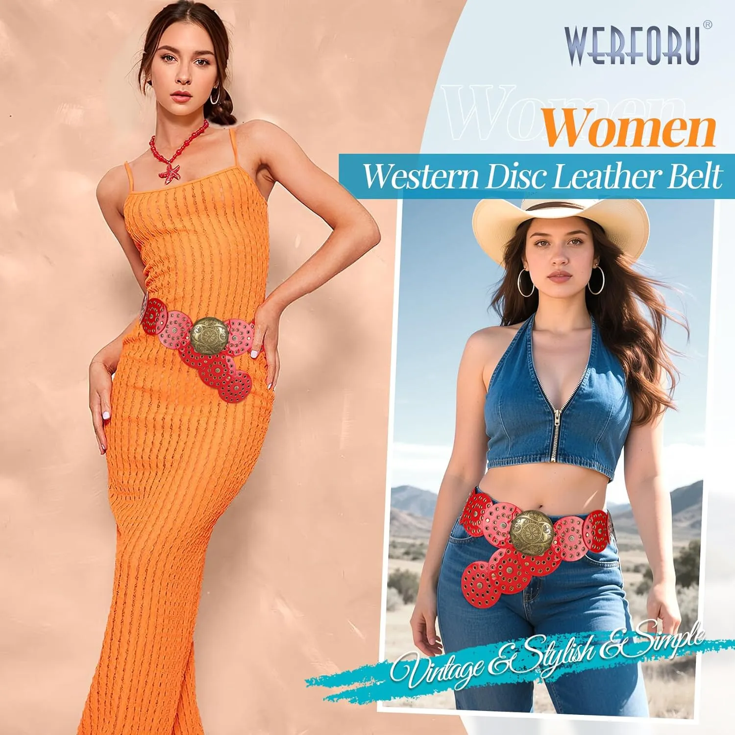 WERFORU Women Vintage Leather Belt Western Disc Waist Belts Ladies Western Belt Boho Belt for Dress Jean-