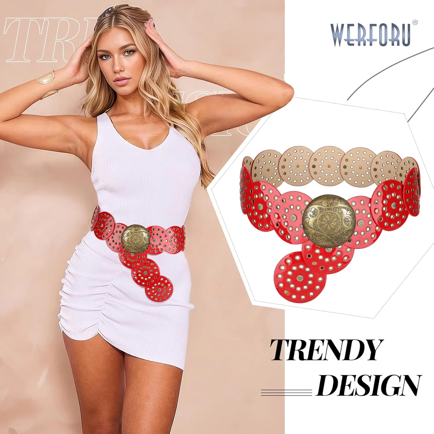 WERFORU Women Vintage Leather Belt Western Disc Waist Belts Ladies Western Belt Boho Belt for Dress Jean-