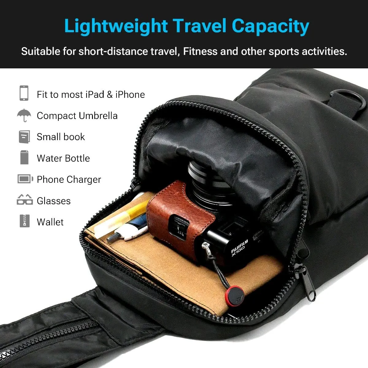 WESTEND Black Convertible Crossbody Sling Bag Backpack with Adjustable Strap for Traveling, Hiking, Daypack for Men and Women