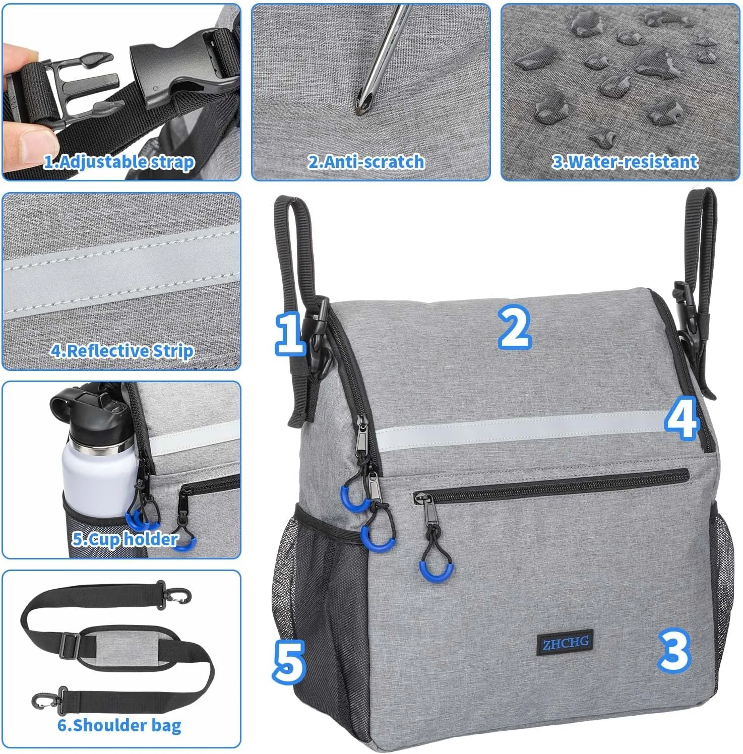 Wheelchair Bags, Wheelchair Backpack with Cup Holder, Wheelchair Bags to Hang on Back, Electric Wheel Chair Accessories, Large Storage Bag for Walker Rollator (Gray)