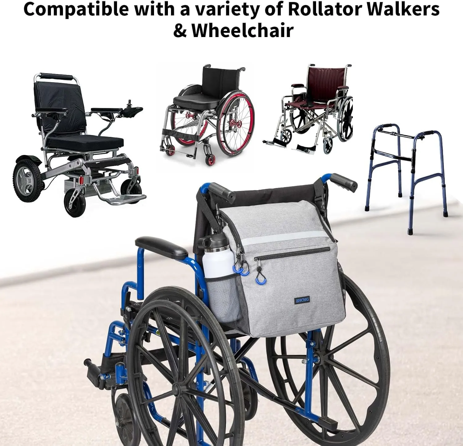 Wheelchair Bags, Wheelchair Backpack with Cup Holder, Wheelchair Bags to Hang on Back, Electric Wheel Chair Accessories, Large Storage Bag for Walker Rollator (Gray)