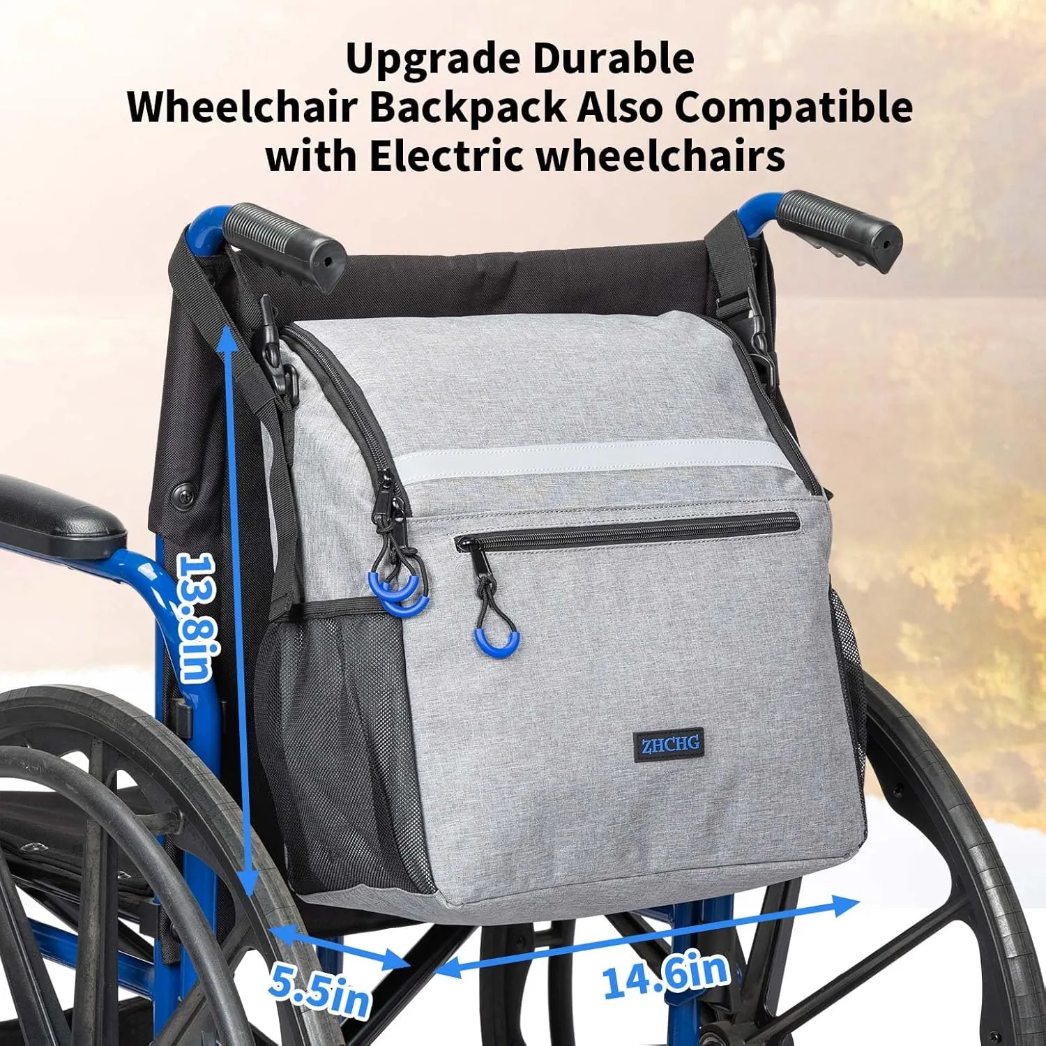 Wheelchair Bags, Wheelchair Backpack with Cup Holder, Wheelchair Bags to Hang on Back, Electric Wheel Chair Accessories, Large Storage Bag for Walker Rollator (Gray)